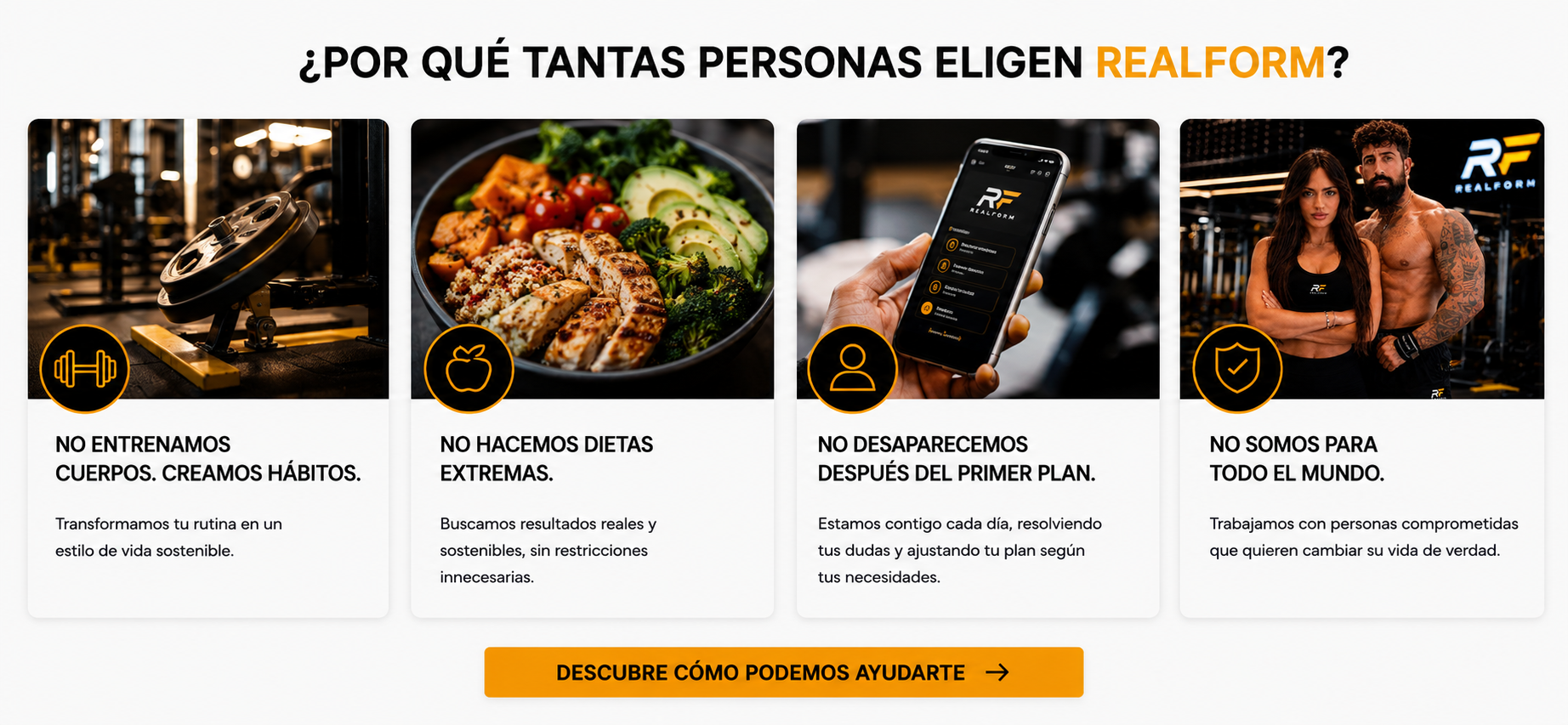 Alimentación saludable, entrenamiento personalizado y seguimiento online con REALFORM para transformar tu físico.