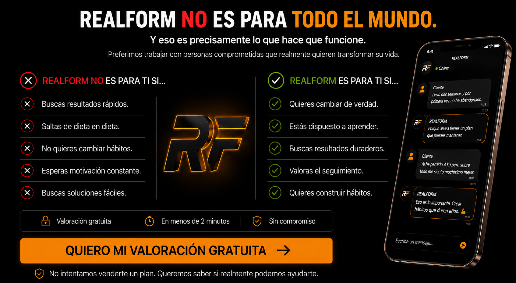 Comparativa de quién es y quién no es el método REALFORM para personas que buscan cambiar sus hábitos con entrenamiento, nutrición y seguimiento personalizado.