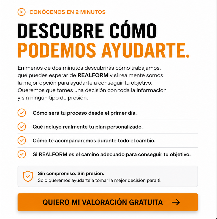 Cómo funciona REALFORM: entrenamiento personalizado, nutrición flexible y seguimiento online para conseguir tu objetivo.