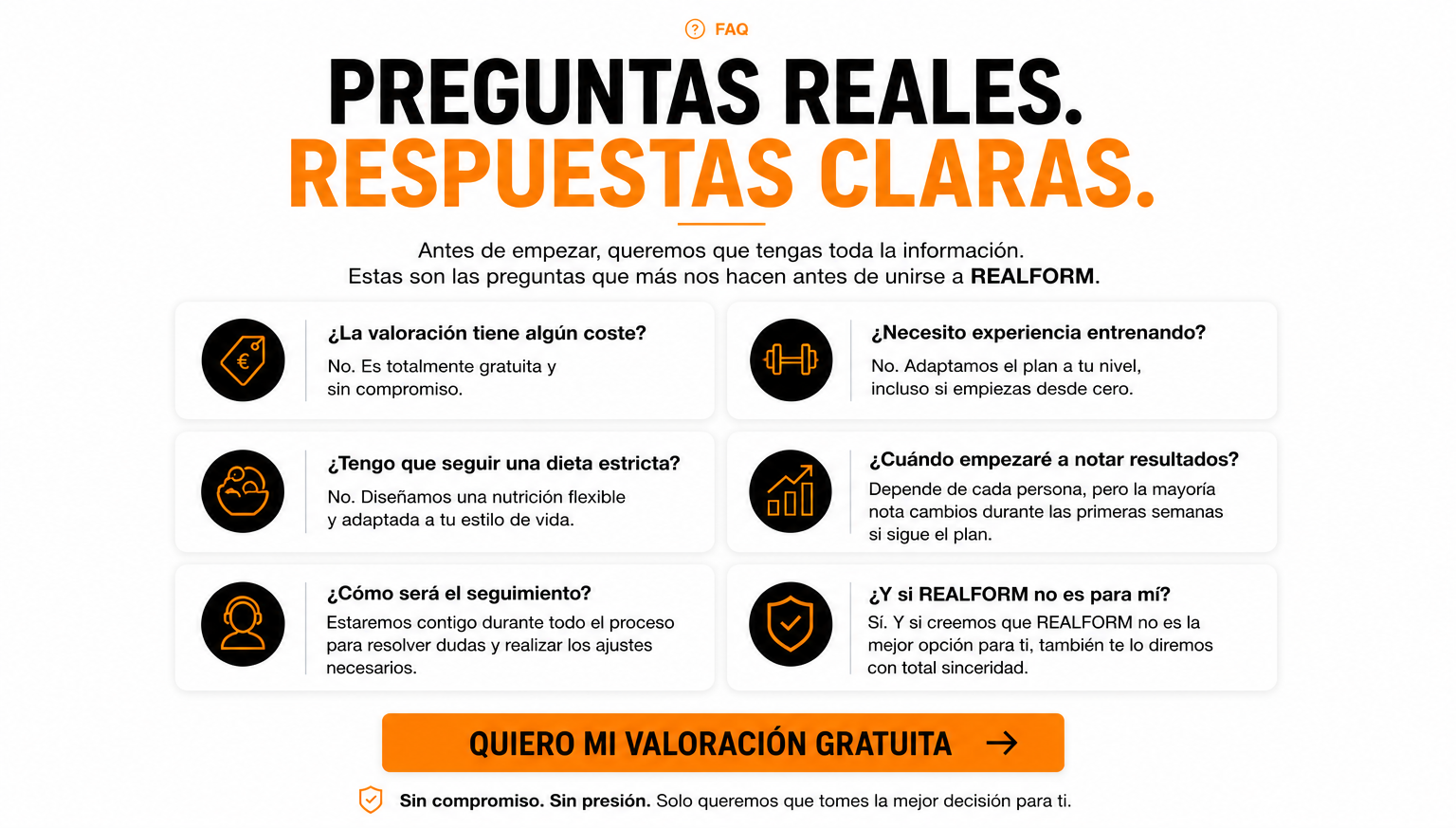 Imagen de preguntas frecuentes de REALFORM con respuestas sobre entrenamiento personalizado, nutrición, seguimiento y funcionamiento del método.